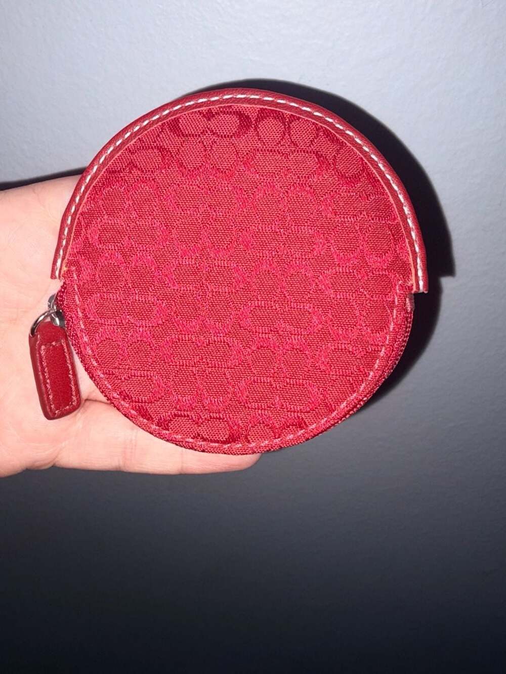 Coach Red Signature C Jacquard Round Coin Purse Pouch